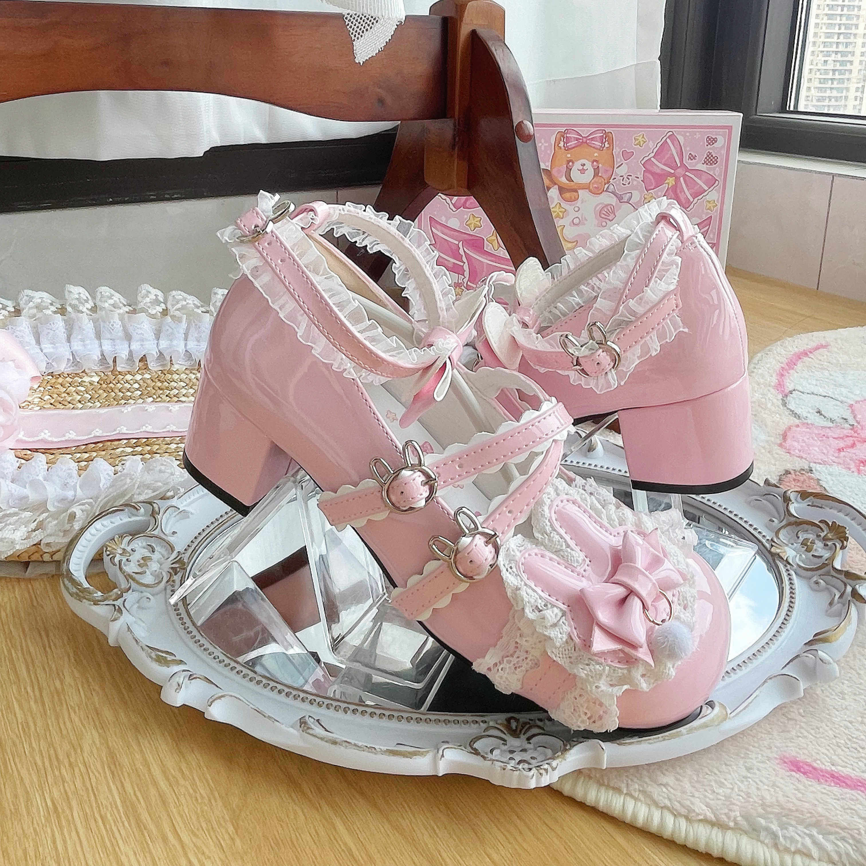 Soft Teasure Rabbit Lace Pink Blue Cream Black Mary Jane Shoes - Image 10