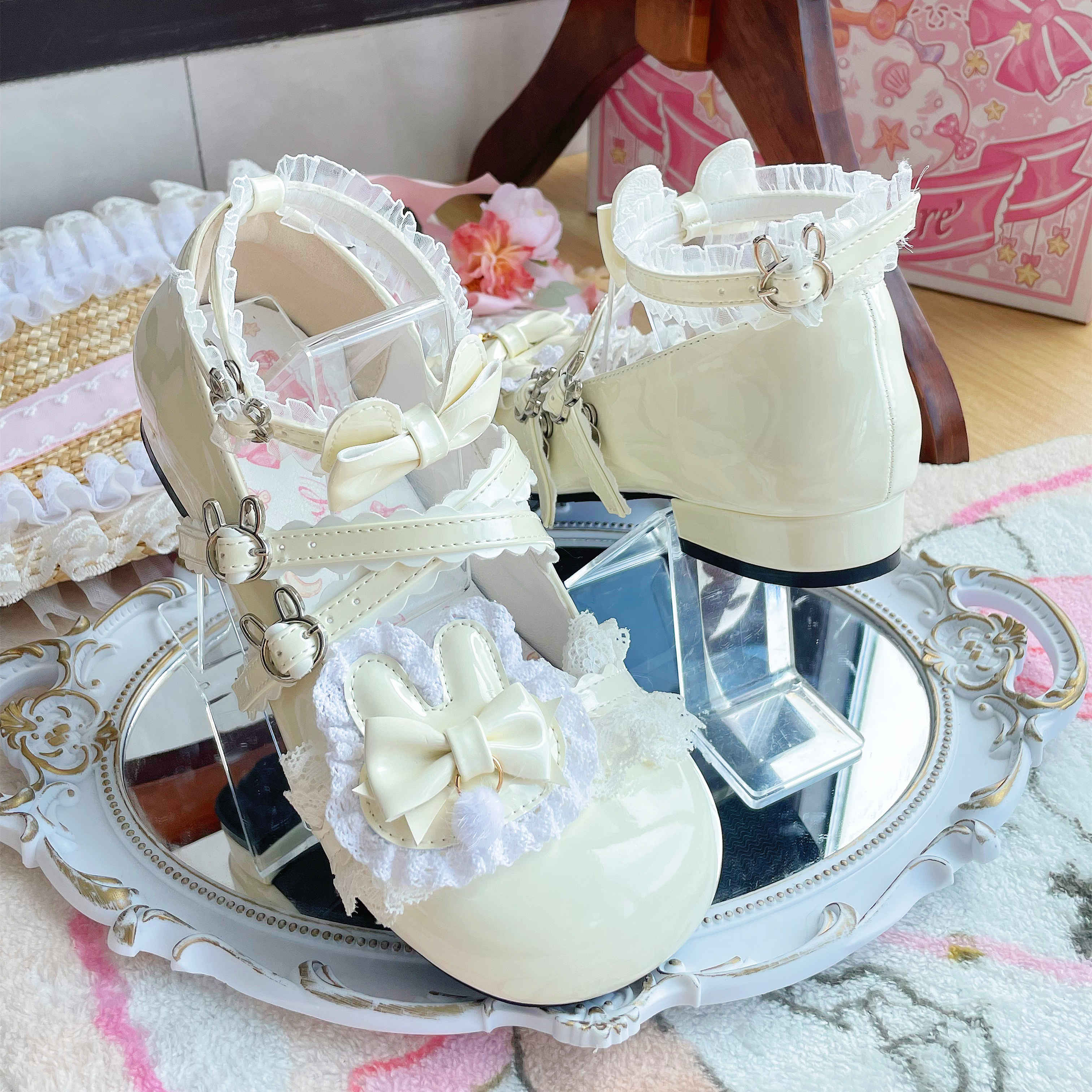 Soft Teasure Rabbit Lace Pink Blue Cream Black Mary Jane Shoes - Image 11