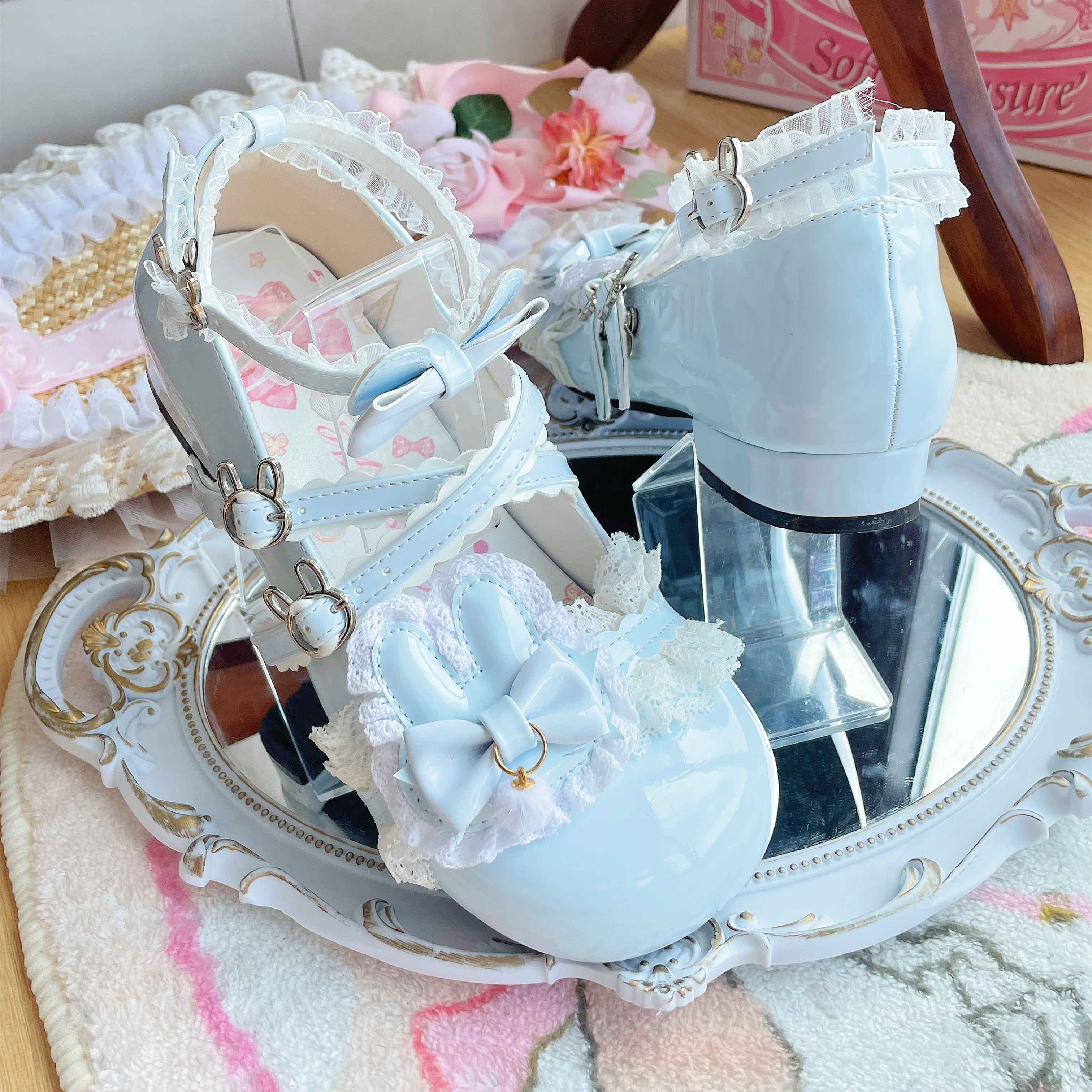 Soft Teasure Rabbit Lace Pink Blue Cream Black Mary Jane Shoes - Image 13
