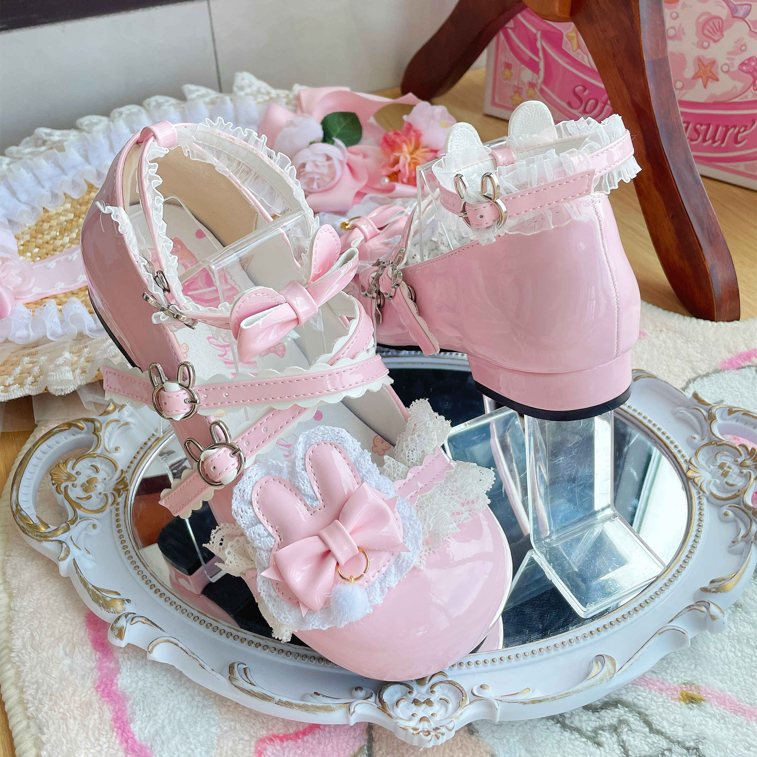 Soft Teasure Rabbit Lace Pink Blue Cream Black Mary Jane Shoes - Image 14