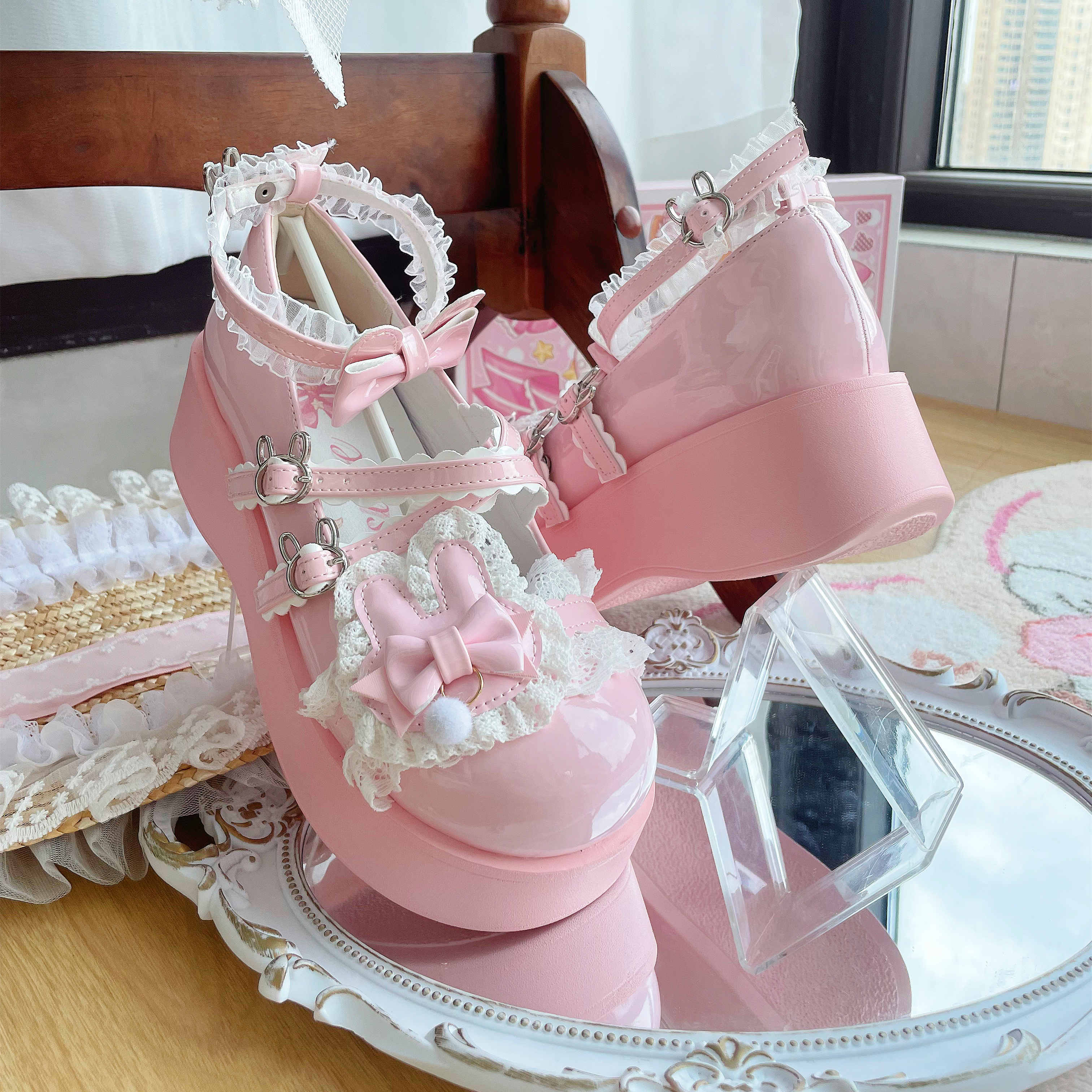 Soft Teasure Rabbit Lace Pink Blue Cream Black Mary Jane Shoes - Image 3