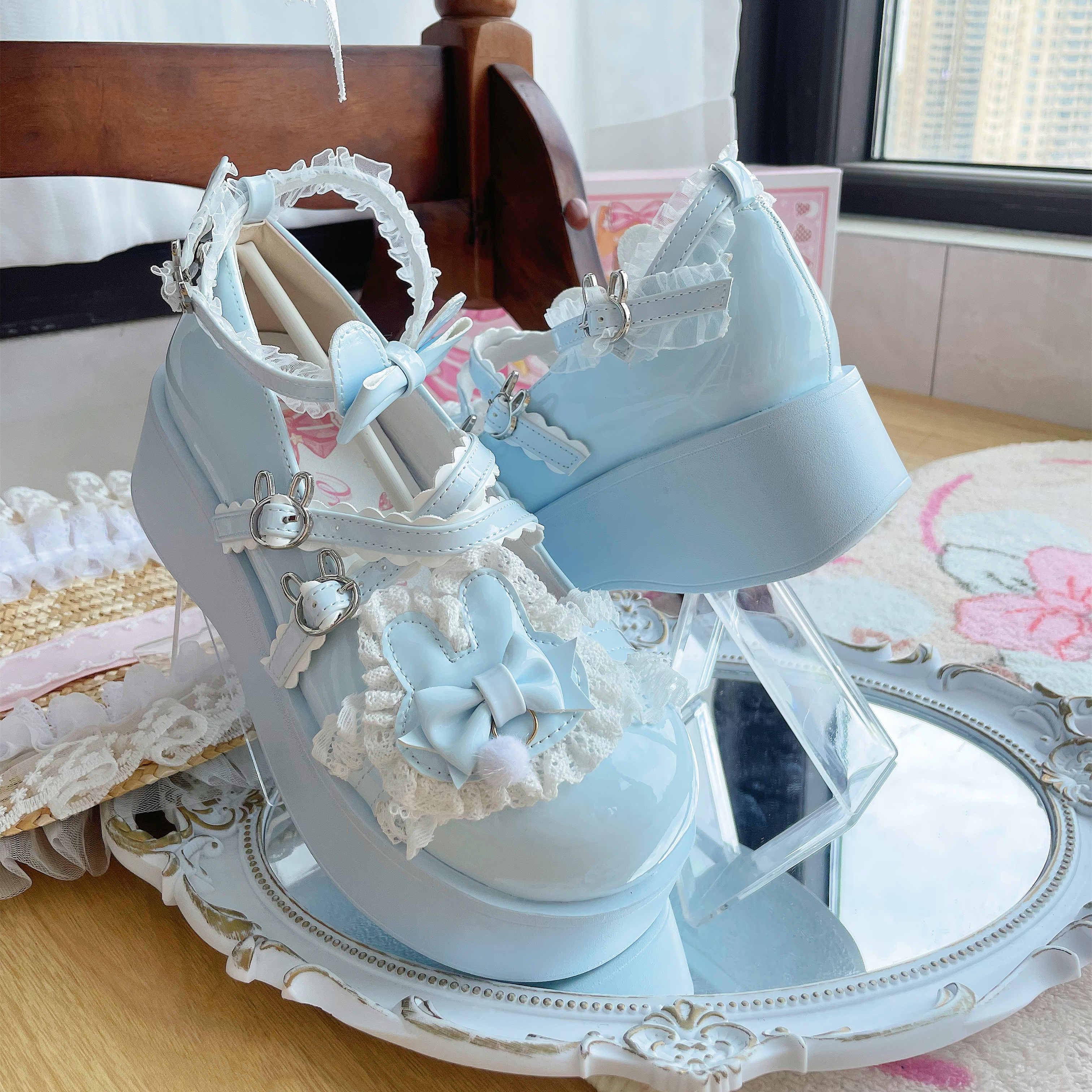 Soft Teasure Rabbit Lace Pink Blue Cream Black Mary Jane Shoes - Image 4