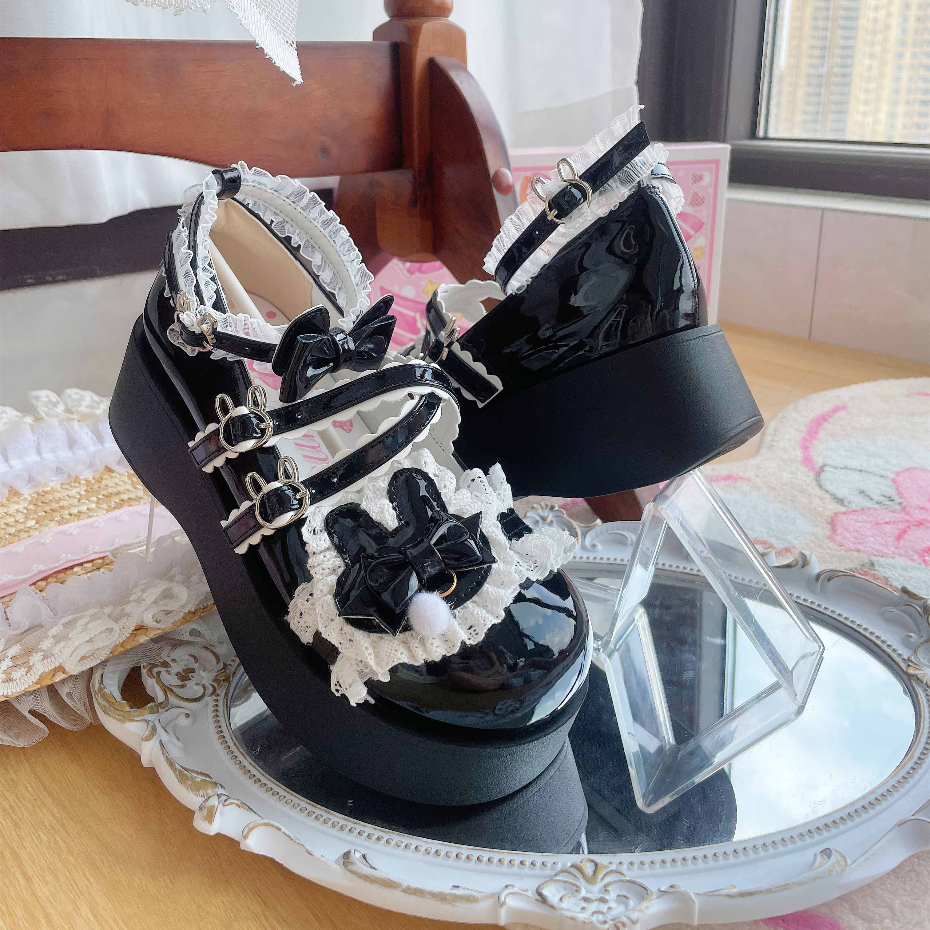 Soft Teasure Rabbit Lace Pink Blue Cream Black Mary Jane Shoes - Image 5