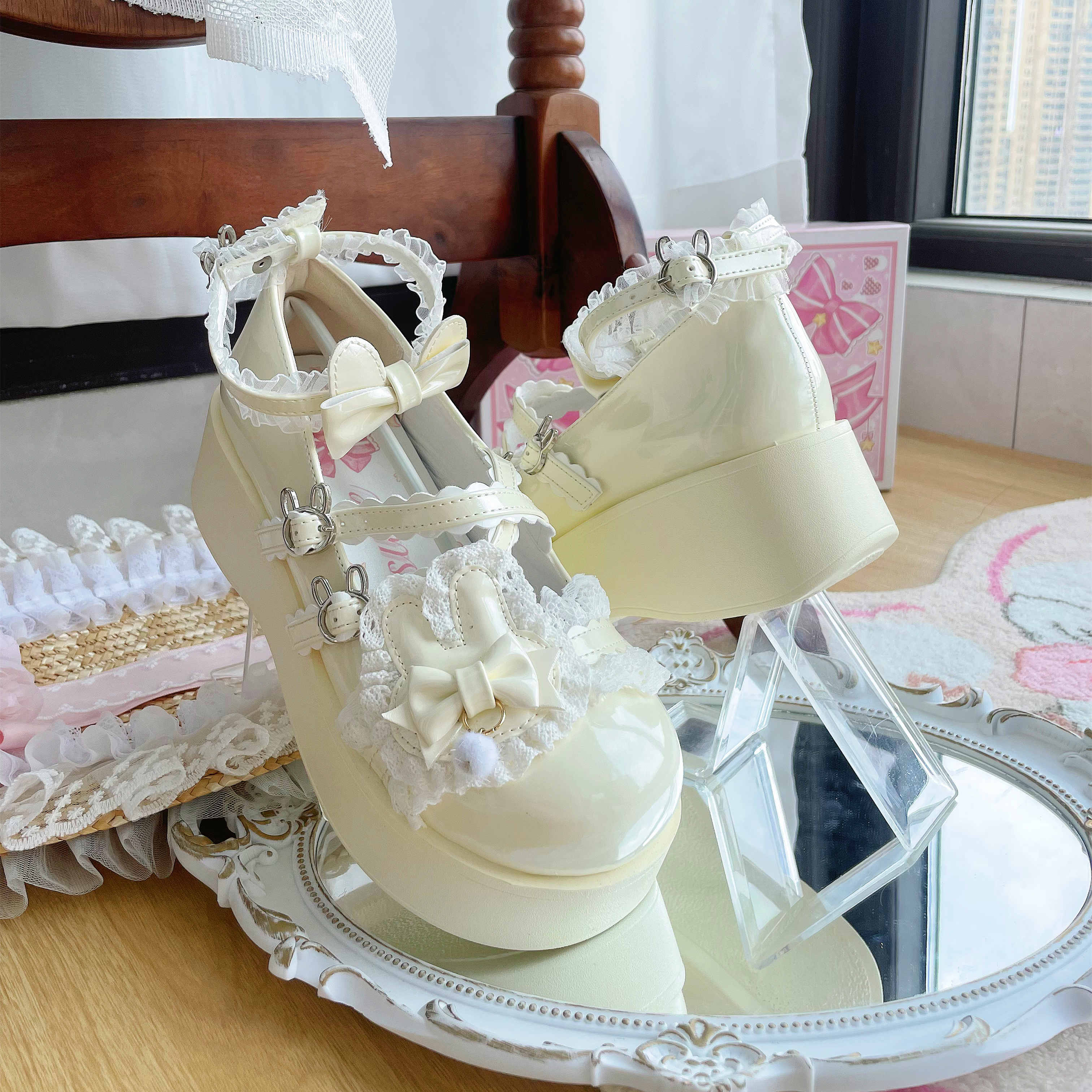 Soft Teasure Rabbit Lace Pink Blue Cream Black Mary Jane Shoes - Image 6