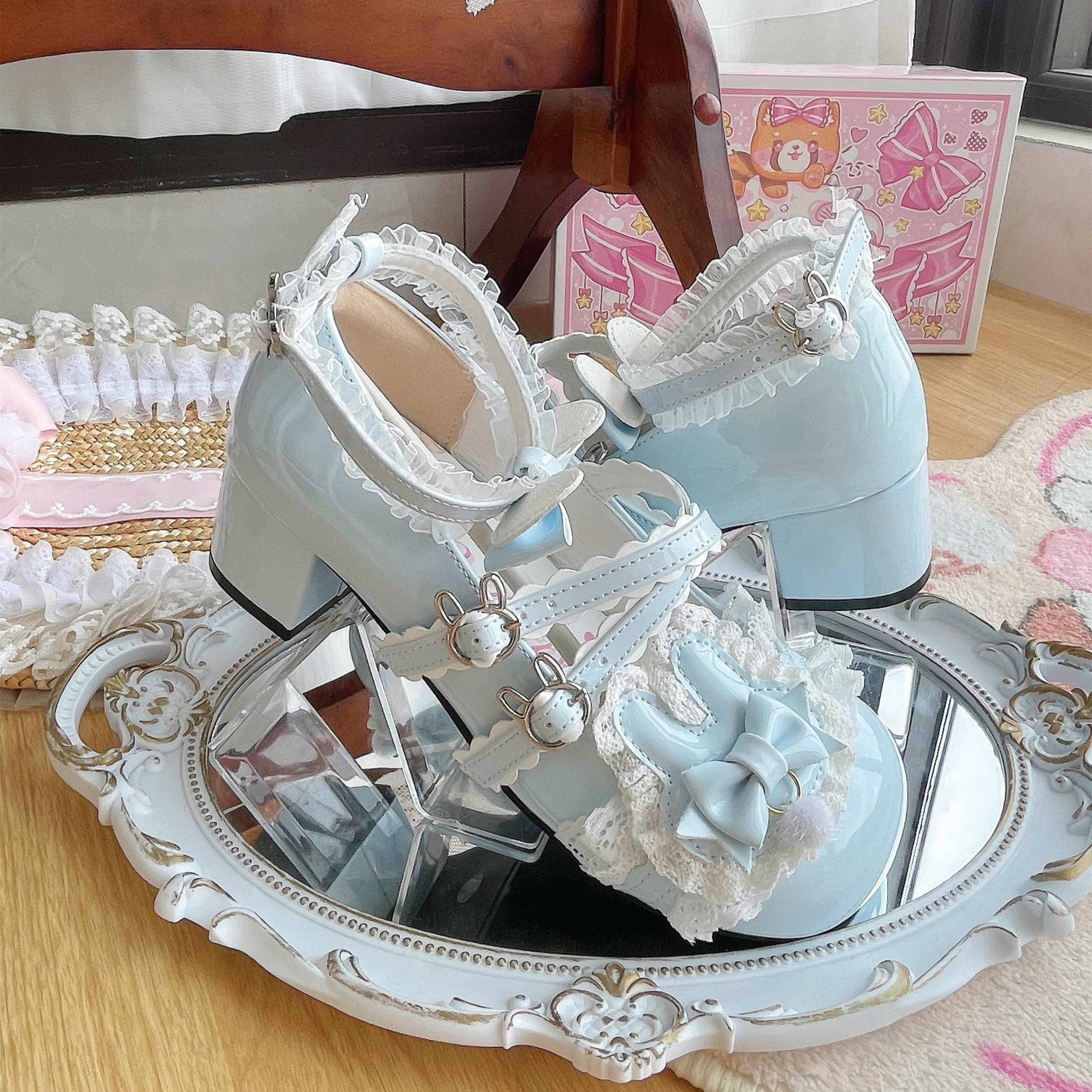 Soft Teasure Rabbit Lace Pink Blue Cream Black Mary Jane Shoes - Image 7