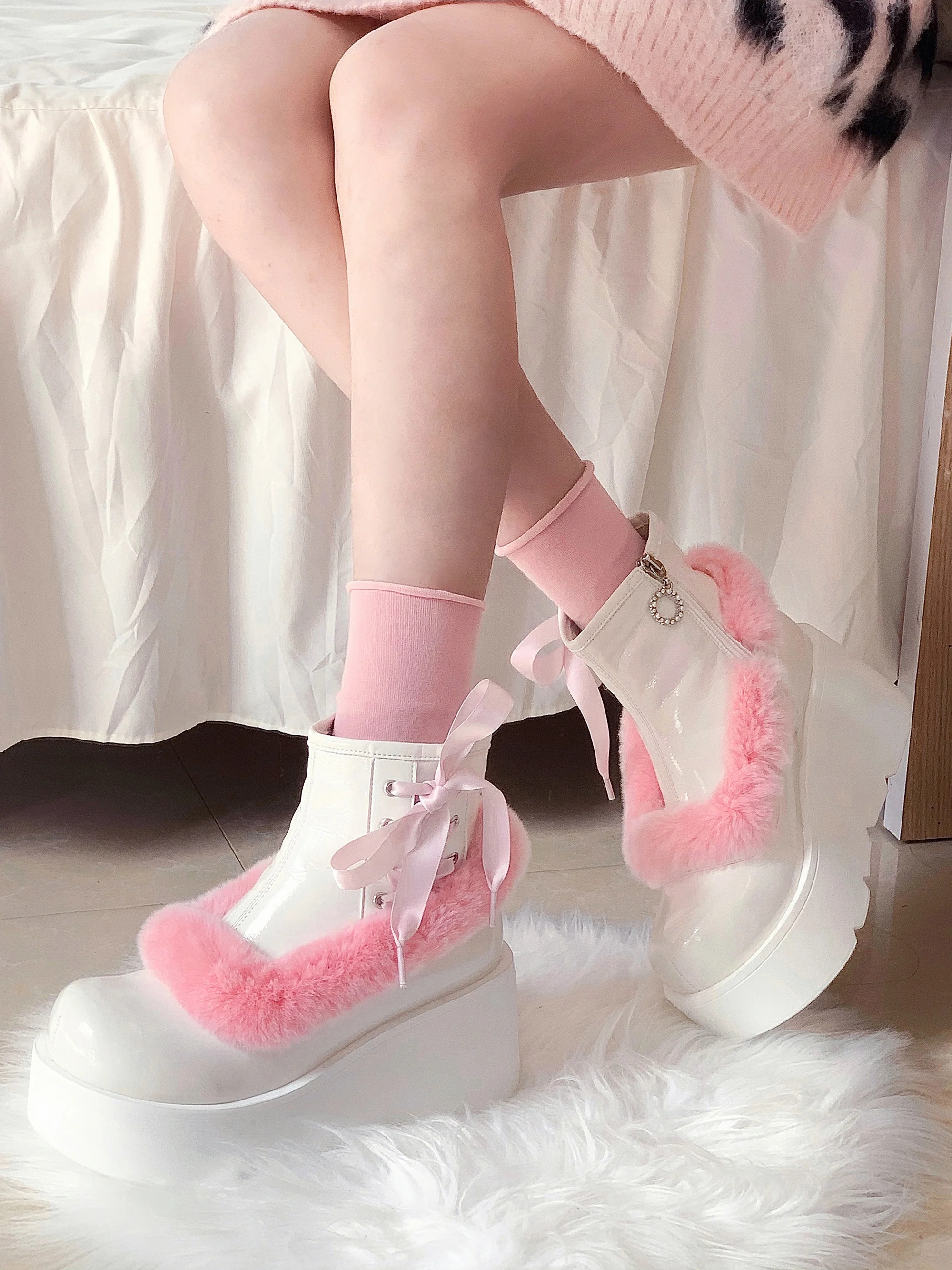 Stars Crown Lolita Winter Fur Pink White Black Platform Boots - Image 10