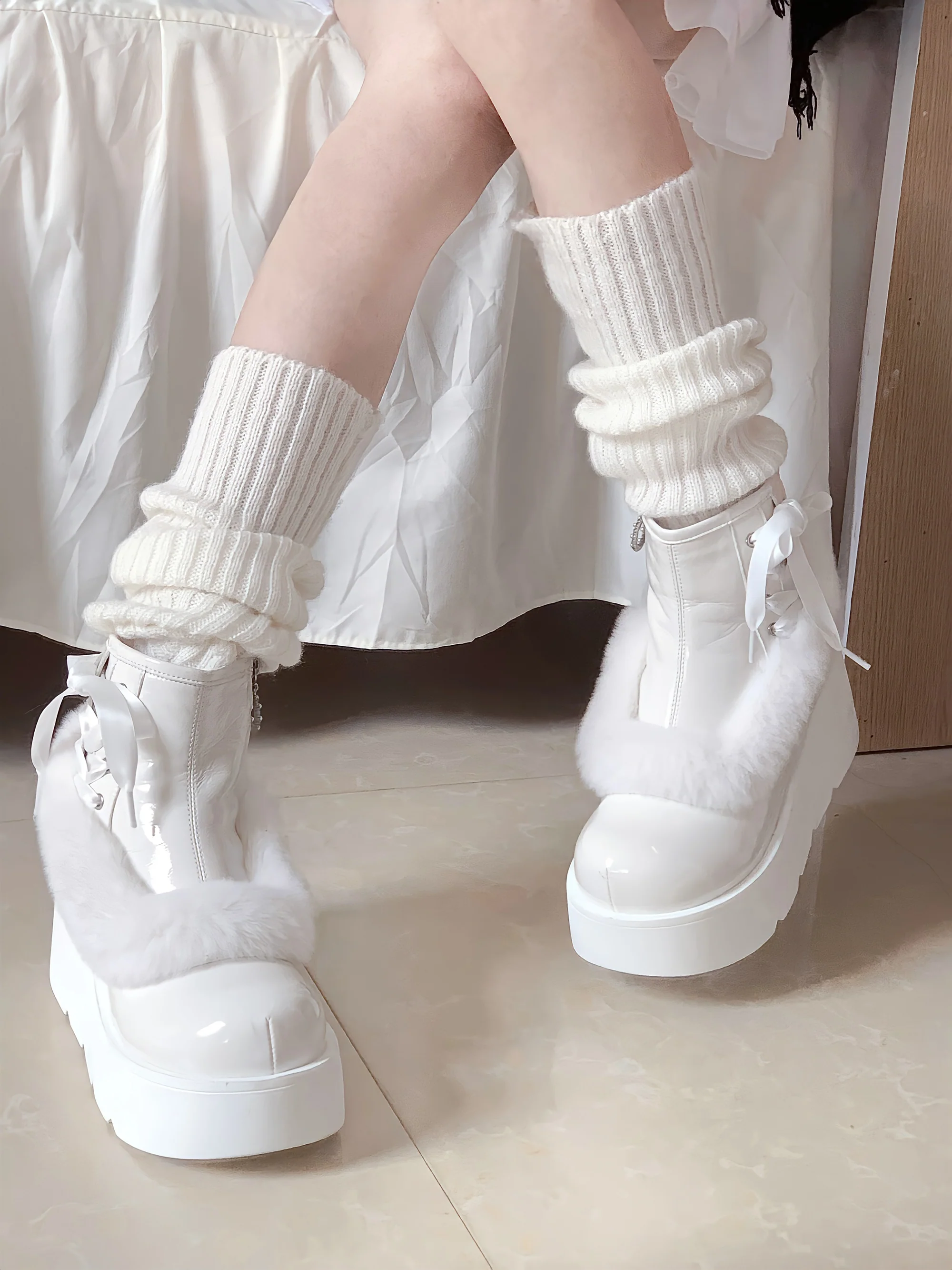 Stars Crown Lolita Winter Fur Pink White Black Platform Boots - Image 3