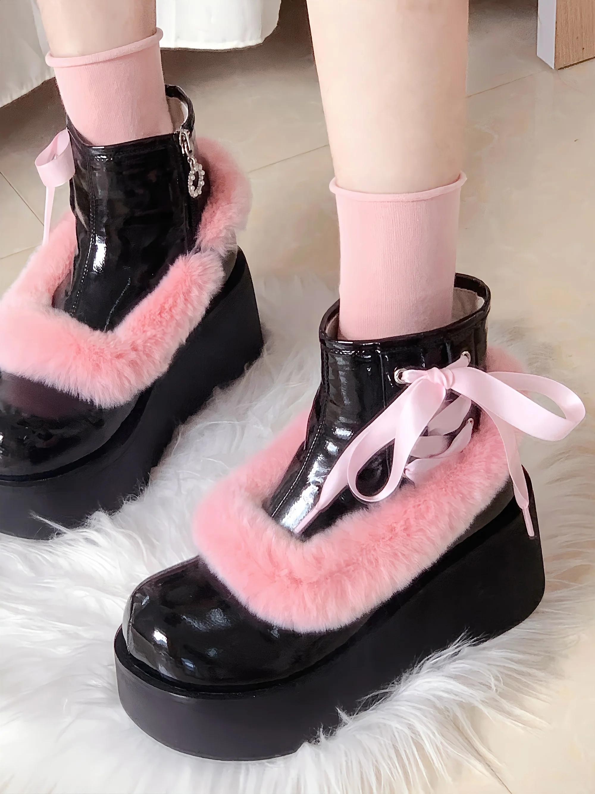 Stars Crown Lolita Winter Fur Pink White Black Platform Boots - Image 6