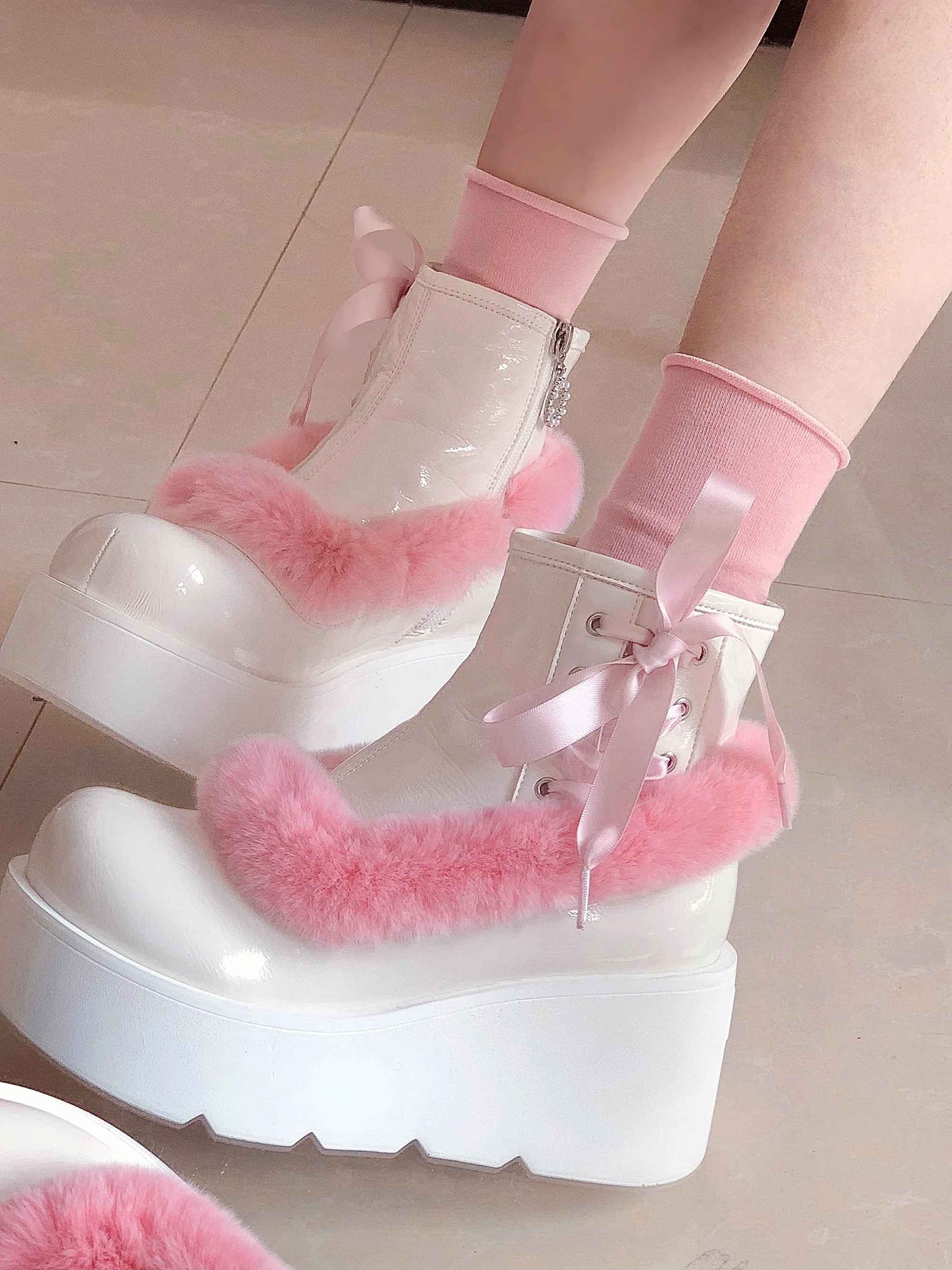 Stars Crown Lolita Winter Fur Pink White Black Platform Boots - Image 7