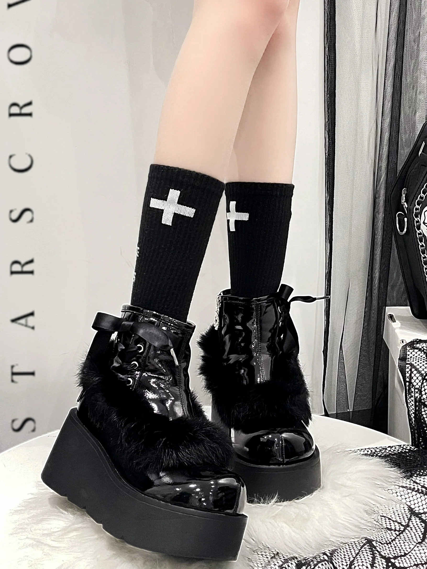 Stars Crown Lolita Winter Fur Pink White Black Platform Boots - Image 8