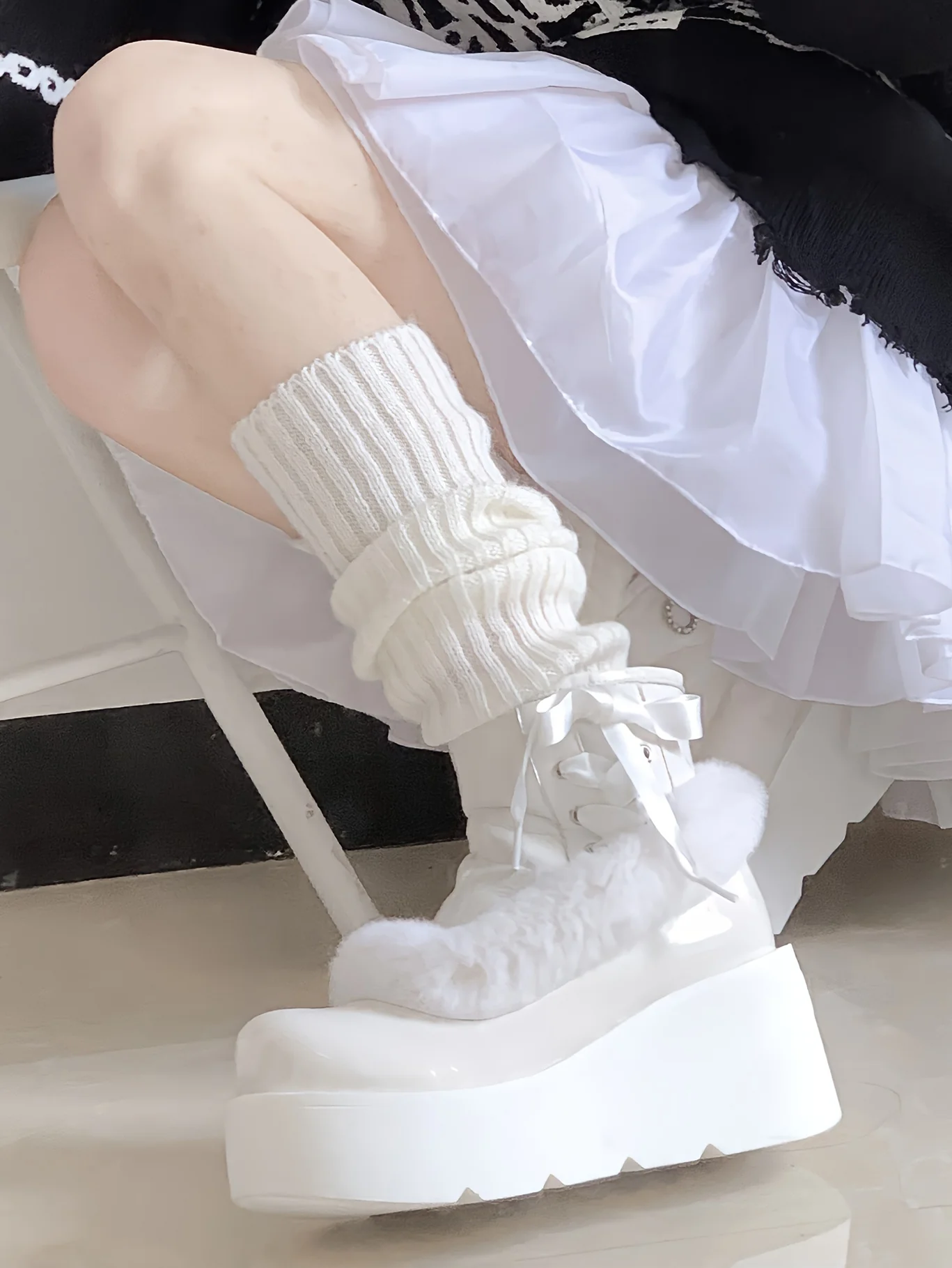 Stars Crown Lolita Winter Fur Pink White Black Platform Boots - Image 9
