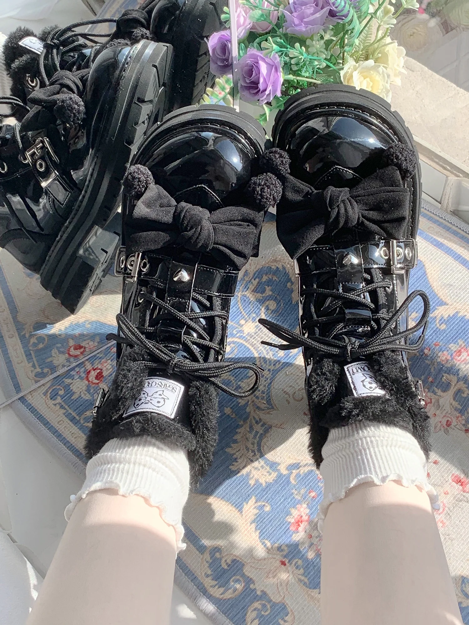 Stars Crown Lolita Winter Fur White Black Snow Boots - Image 3