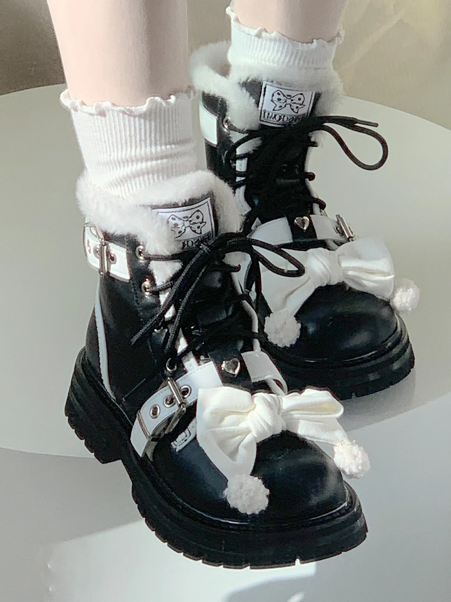 Stars Crown Lolita Winter Fur White Black Snow Boots - Image 5