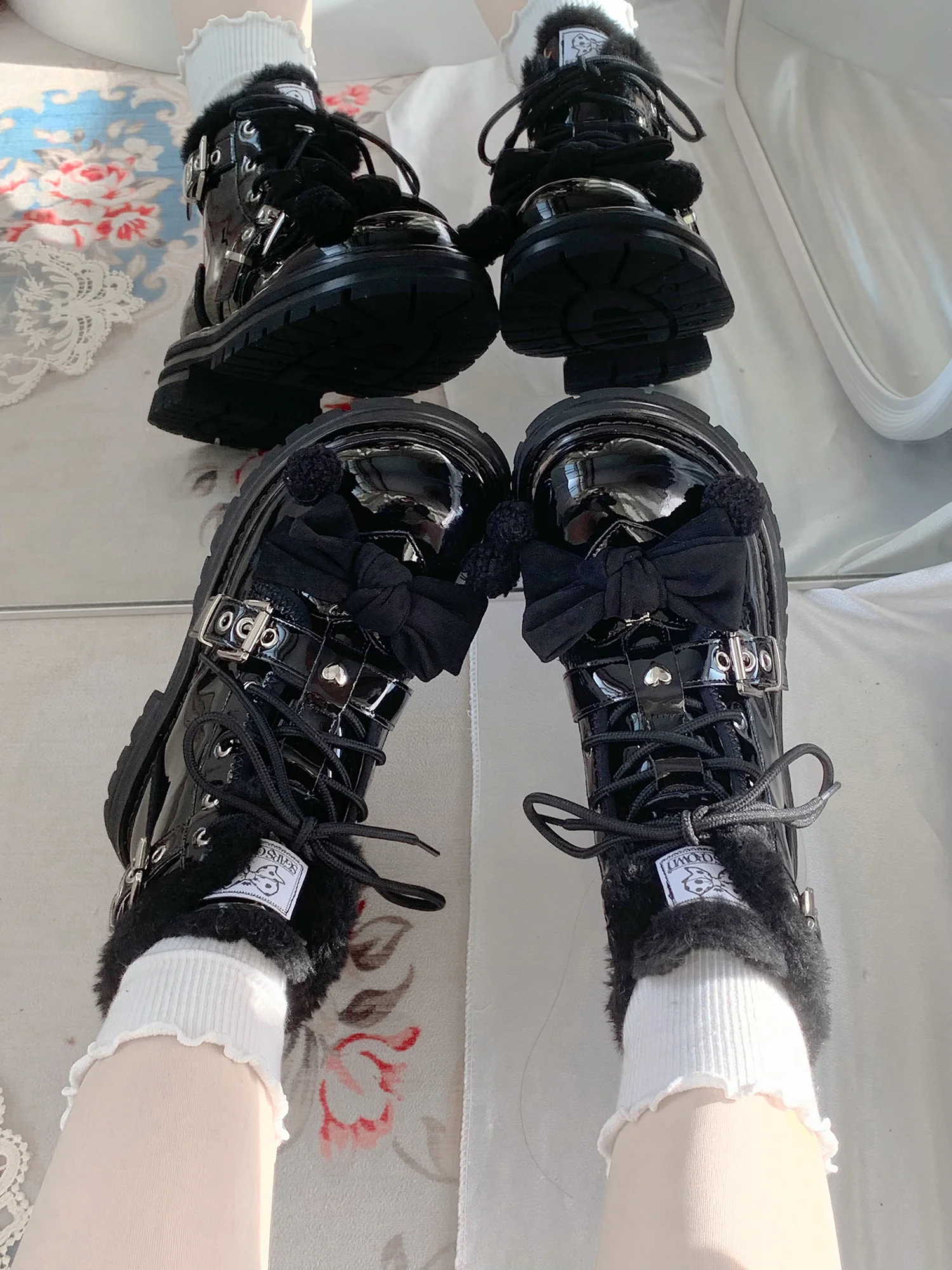 Stars Crown Lolita Winter Fur White Black Snow Boots - Image 6