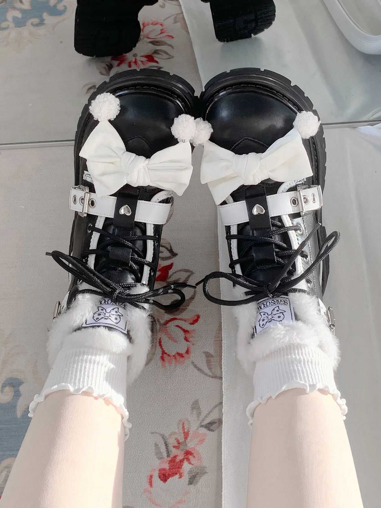 Stars Crown Lolita Winter Fur White Black Snow Boots - Image 8