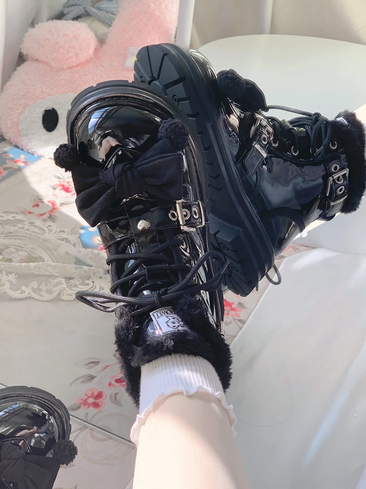 Stars Crown Lolita Winter Fur White Black Snow Boots - Image 9