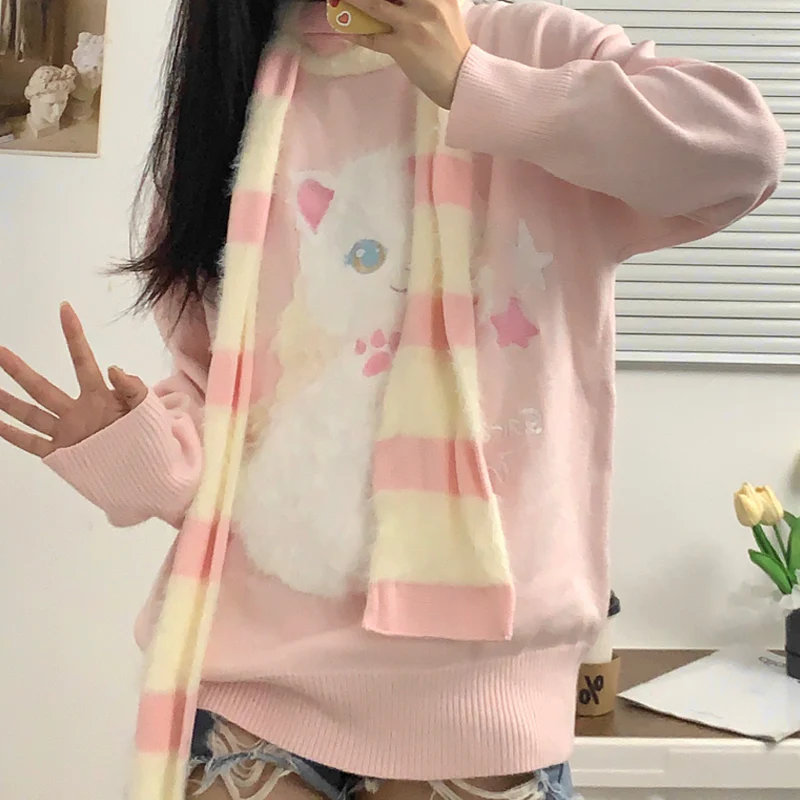 Serendipity Stars Cute Cat Pullover Knitted Embroidery Oversize Sweater - Image 10