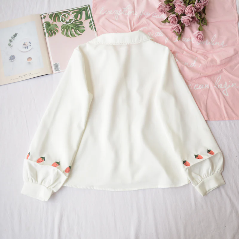 Strawberry Embroidery Doll Collar Sweet Long Sleeve White Shirt - Image 4