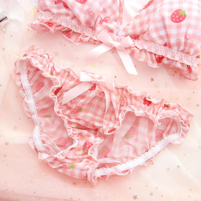 Strawberry Plaid Pattern Bra Set Pink Panties Underwear Lingerie - Image 3