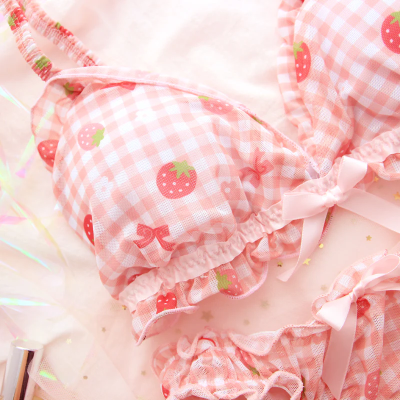 Strawberry Plaid Pattern Bra Set Pink Panties Underwear Lingerie - Image 4