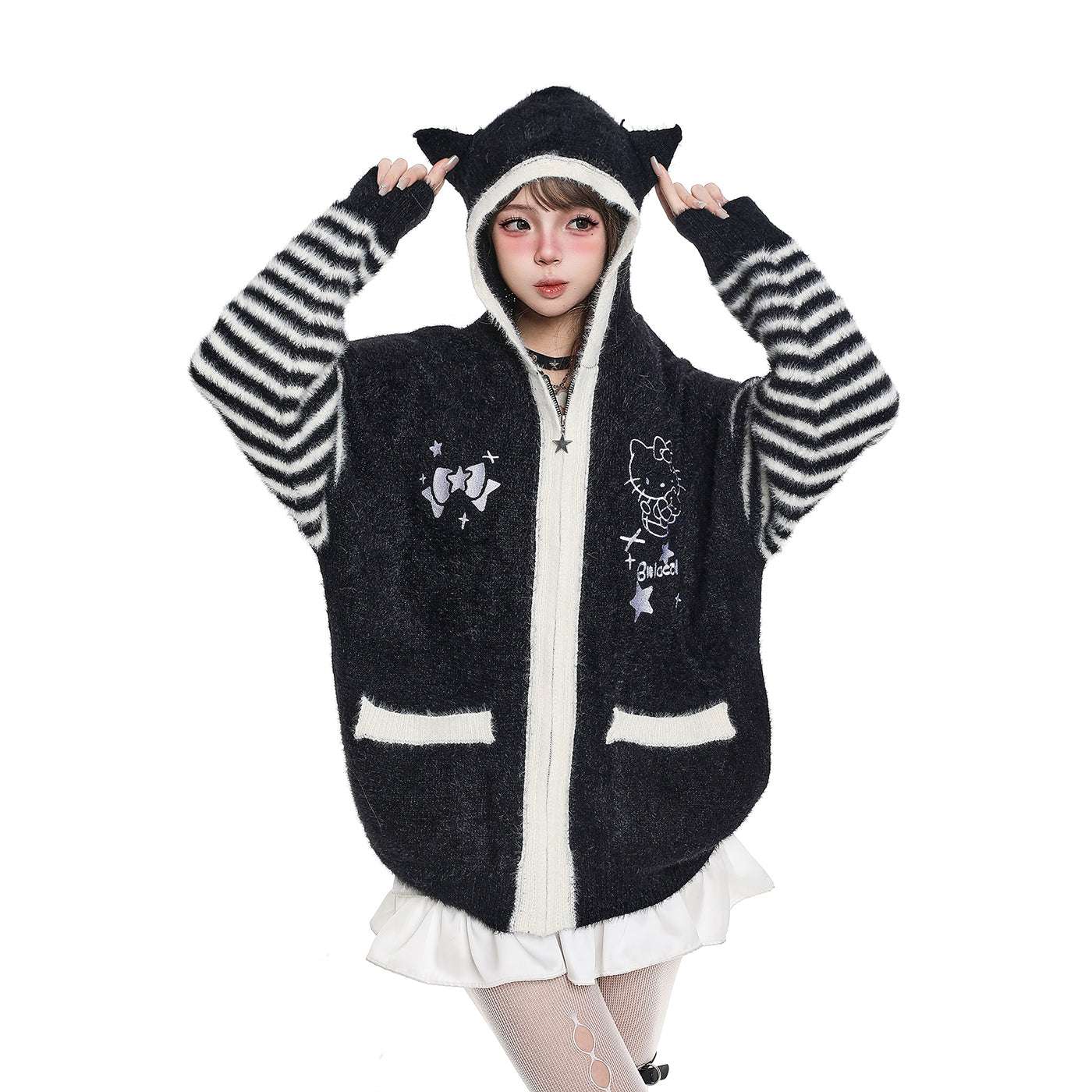 Young Eyes Striped Kitty Cream Pink Black Cat Ears Hooded Jacket - Image 3