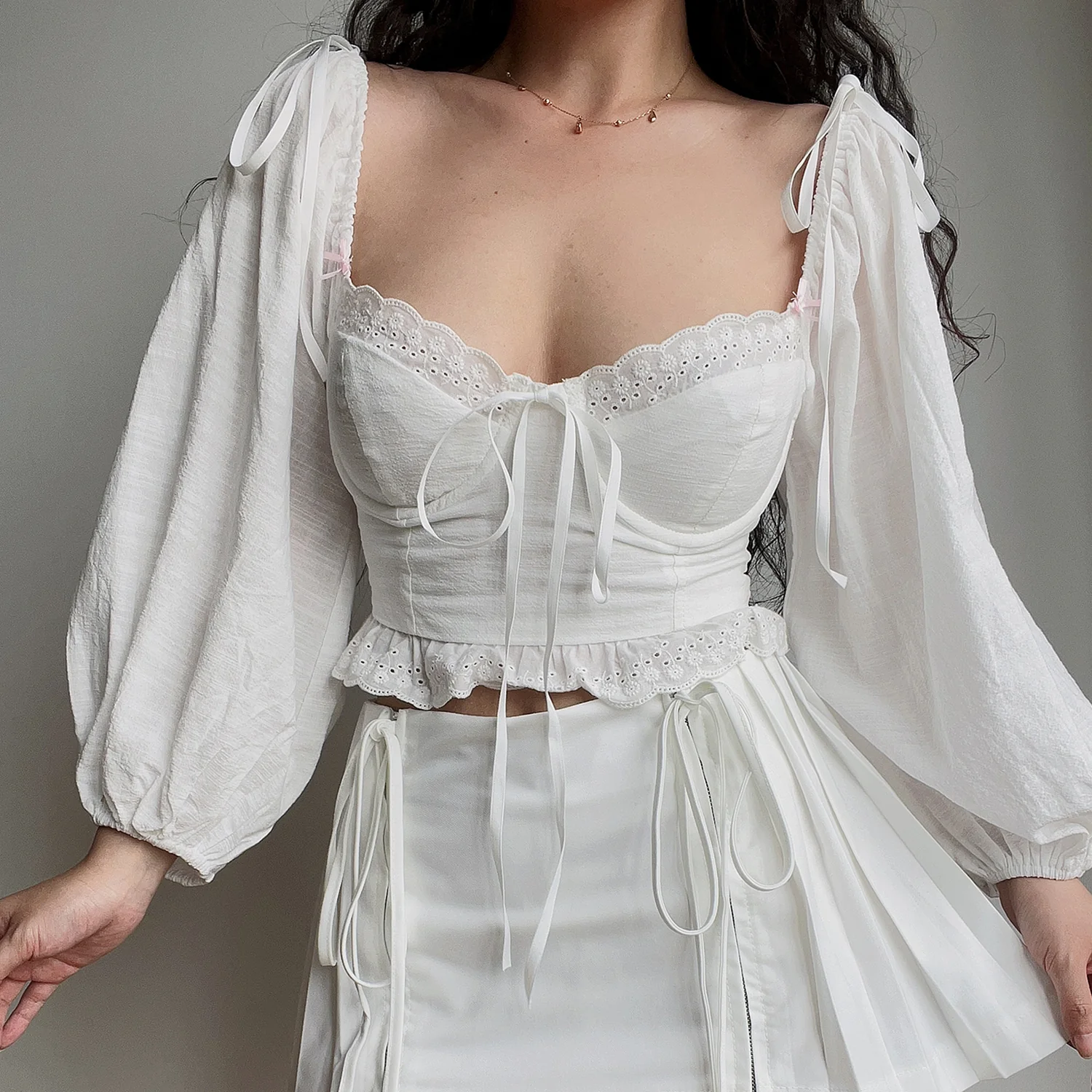 Summer Square Neck Lace Bow Lantern Sleeve White Shirt Top