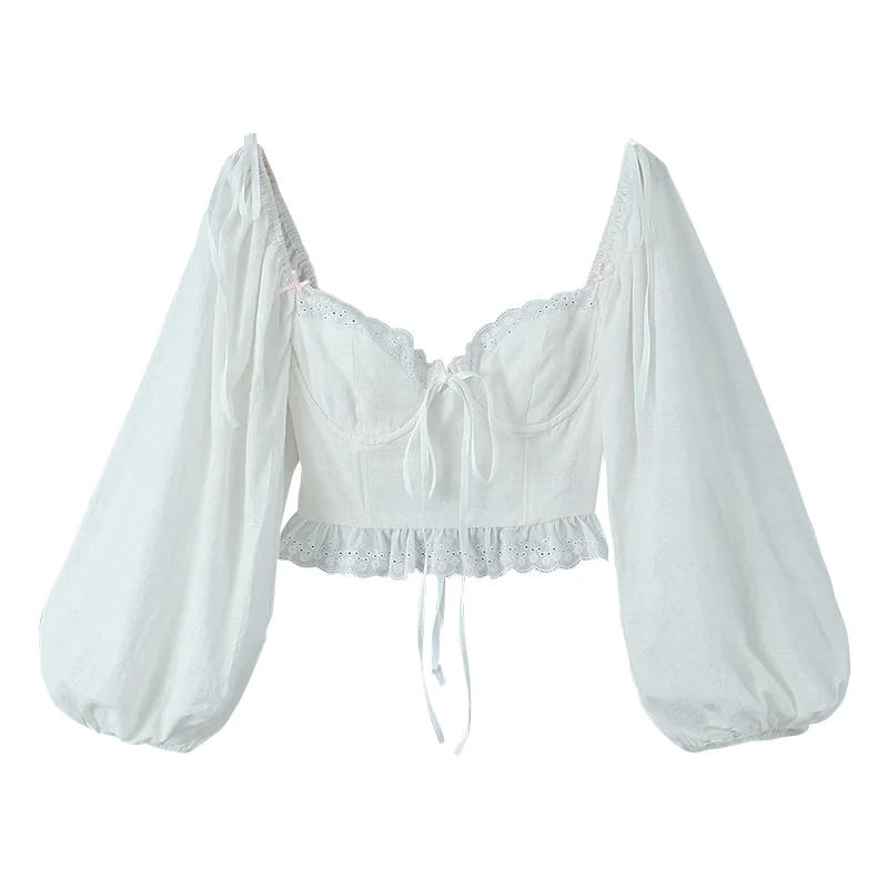 Summer Square Neck Lace Bow Lantern Sleeve White Shirt Top - Image 2