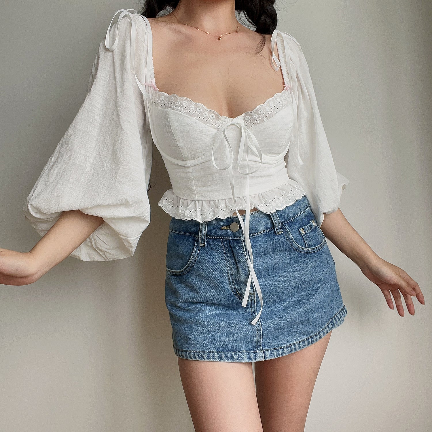 Summer Square Neck Lace Bow Lantern Sleeve White Shirt Top - Image 7