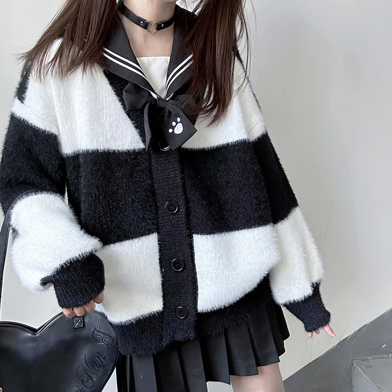 Striped Black and White Cozy Knit Cardigan - Image 10
