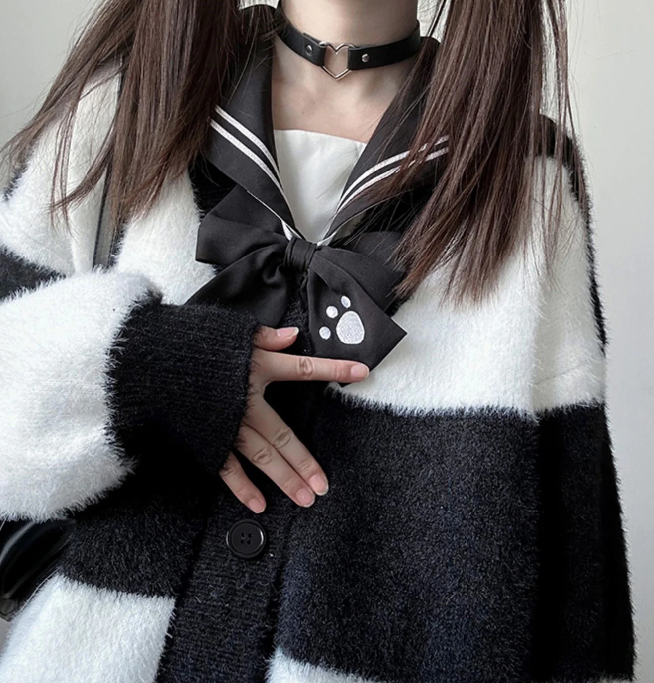 Striped Black and White Cozy Knit Cardigan - Image 4