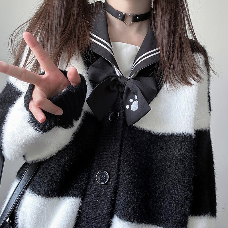 Striped Black and White Cozy Knit Cardigan - Image 5