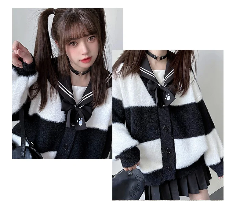Striped Black and White Cozy Knit Cardigan - Image 6