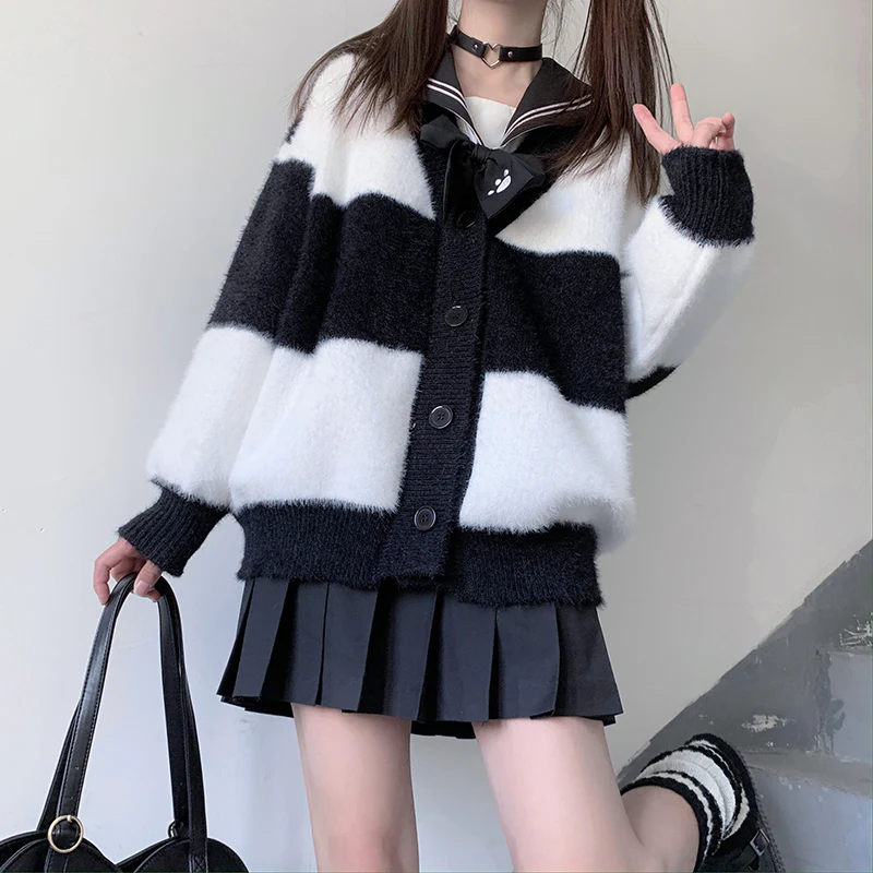 Striped Black and White Cozy Knit Cardigan - Image 8