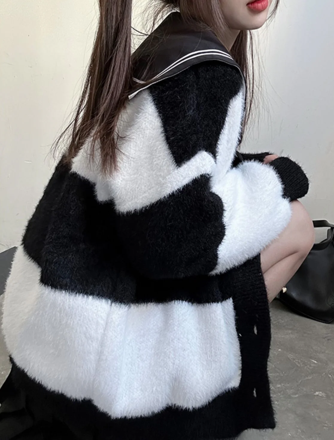 Striped Black and White Cozy Knit Cardigan - Image 9