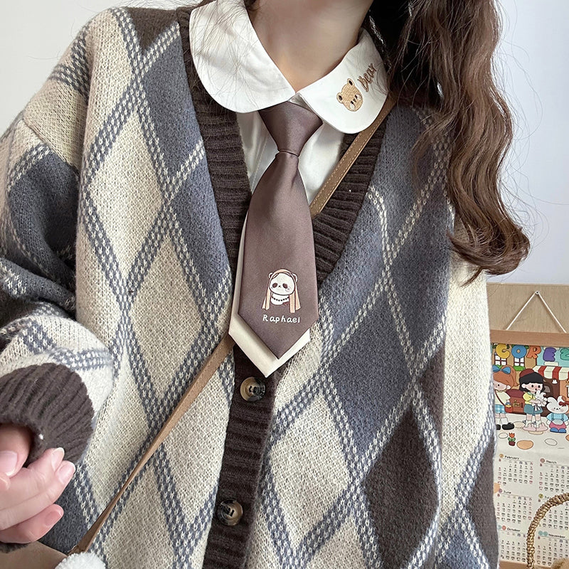 Rhombus Diamond Pattern Brown Cozy Autumn Winter Knit Cardigan - Image 2