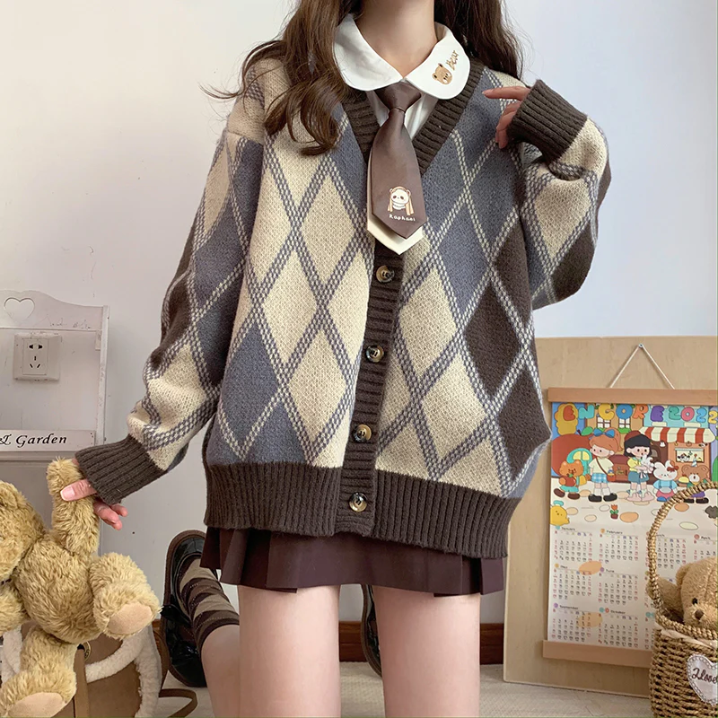 Rhombus Diamond Pattern Brown Cozy Autumn Winter Knit Cardigan - Image 5