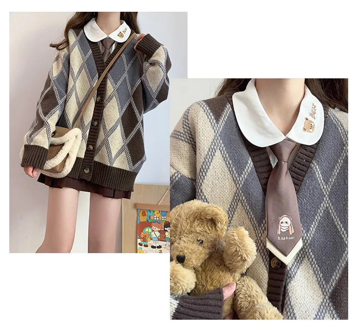 Rhombus Diamond Pattern Brown Cozy Autumn Winter Knit Cardigan - Image 6