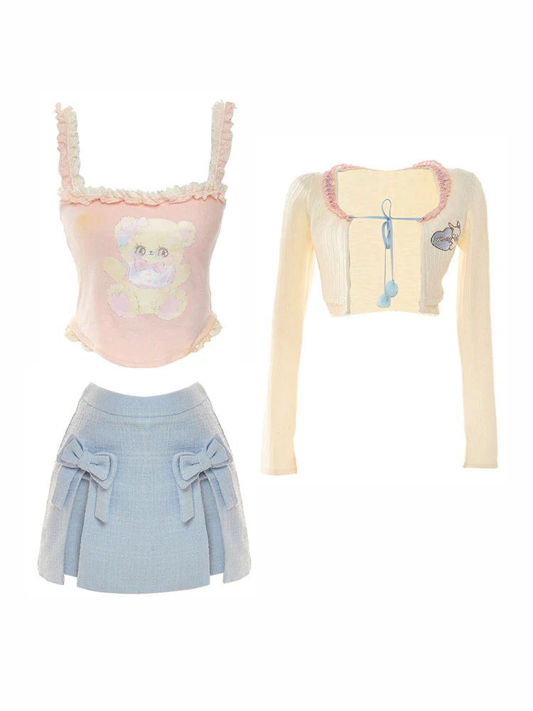 Serendipity Cream Cardigan Pink Camisole Blue Bow Mini Skirt Three Piece Set - Image 2