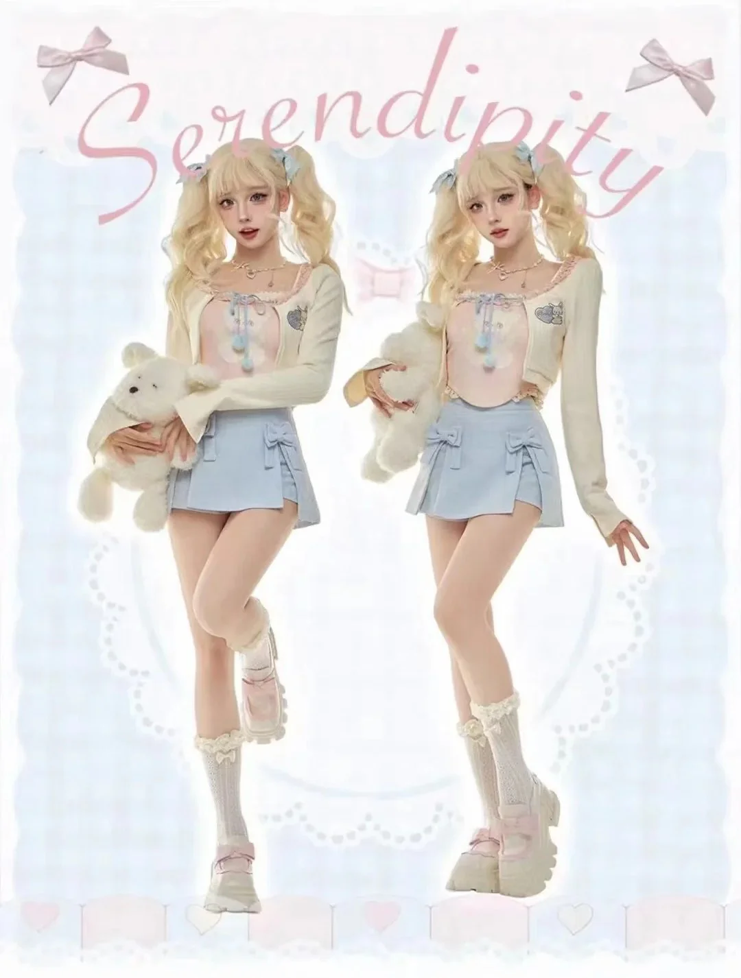 Serendipity Cream Cardigan Pink Camisole Blue Bow Mini Skirt Three Piece Set - Image 4