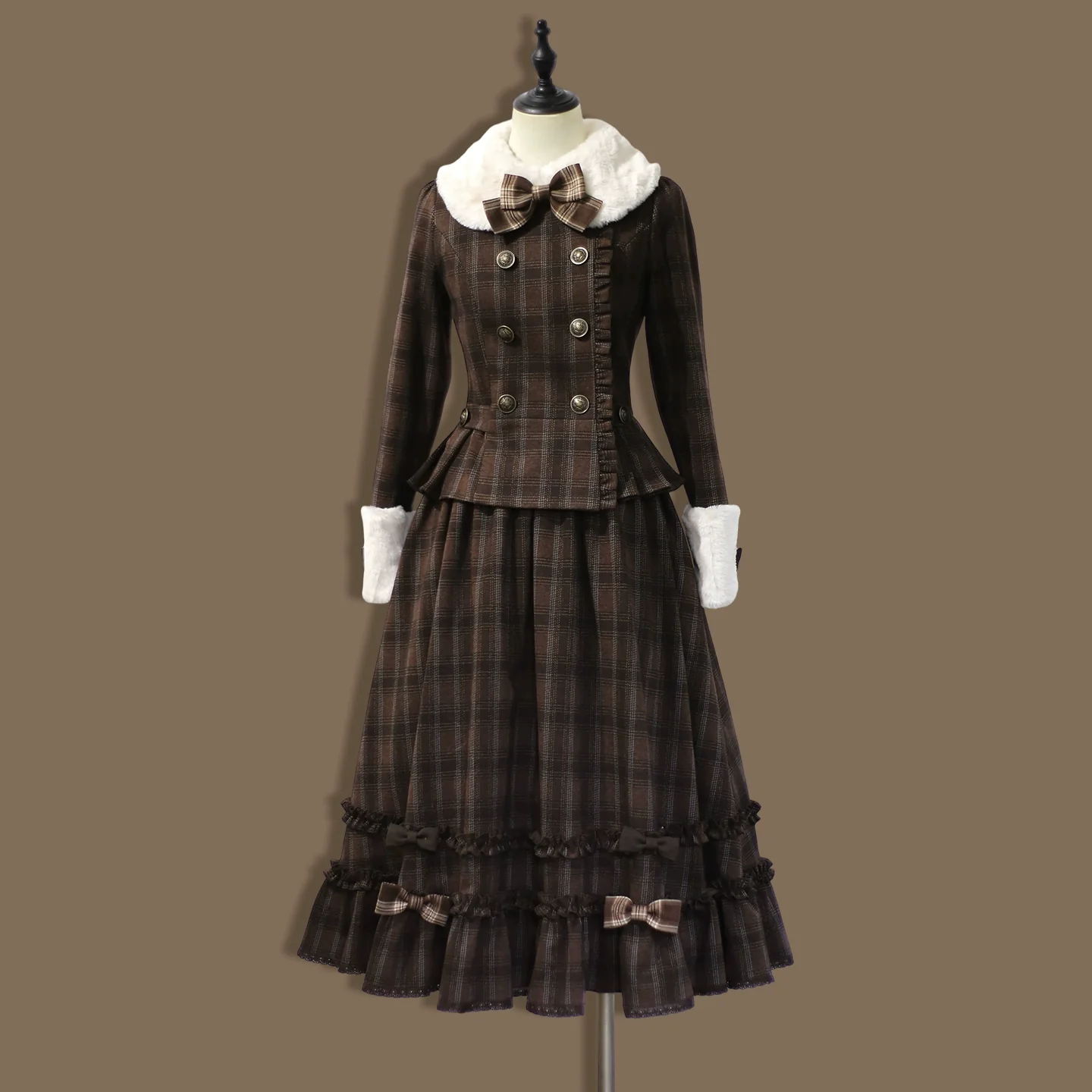 Sweet Dream Chocolate Filled Brown Plaid Jacket Skirt Two Piece Set - Image 3