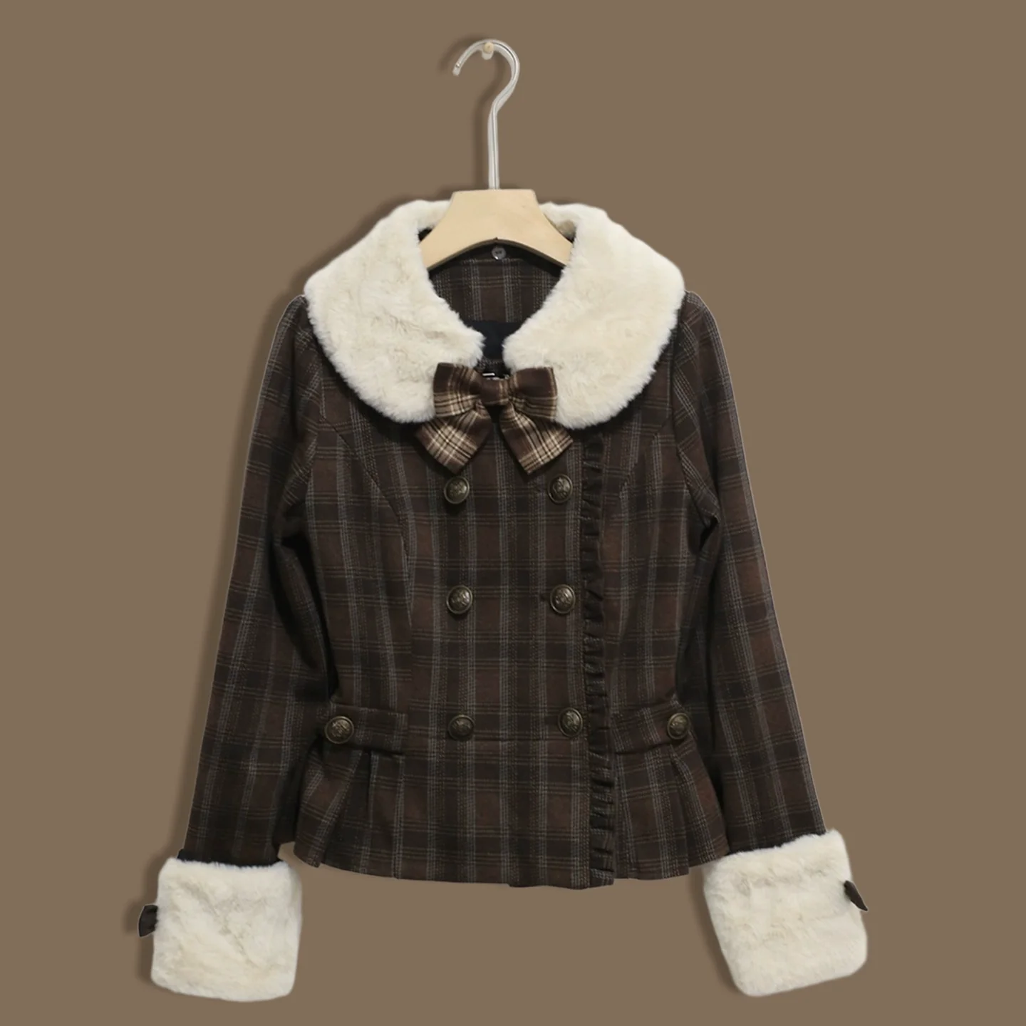 Sweet Dream Chocolate Filled Brown Plaid Jacket Skirt Two Piece Set - Image 4