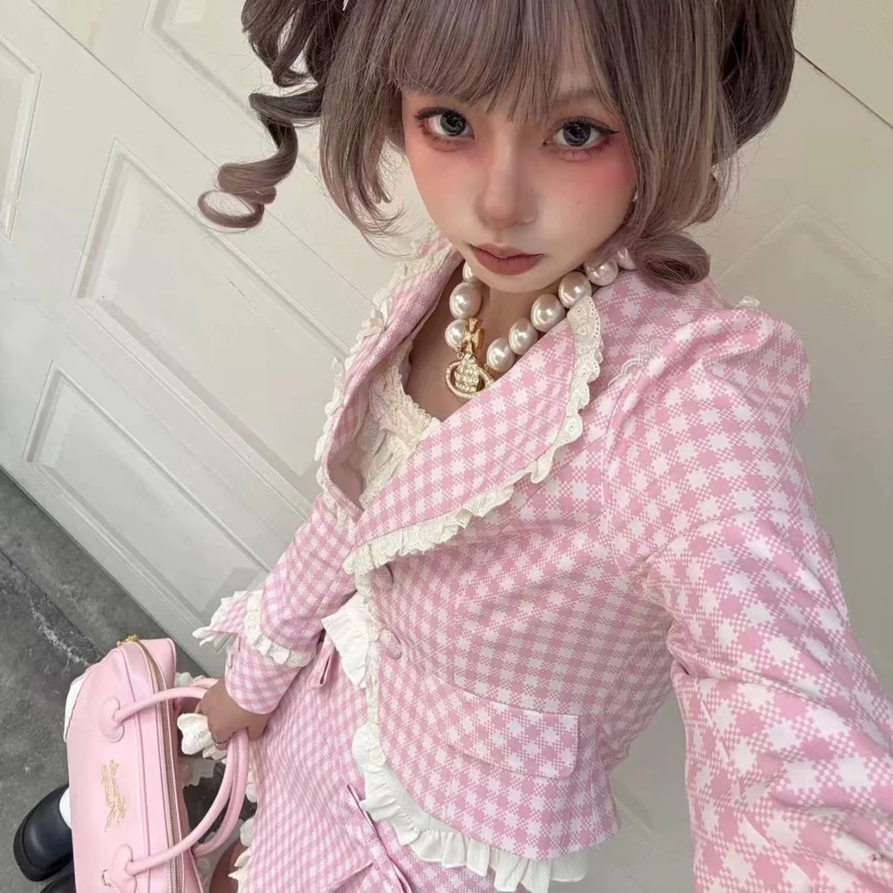 Sweet Dream Nana Pink Plaid Jacket Skirt Two Piece Set - Image 3