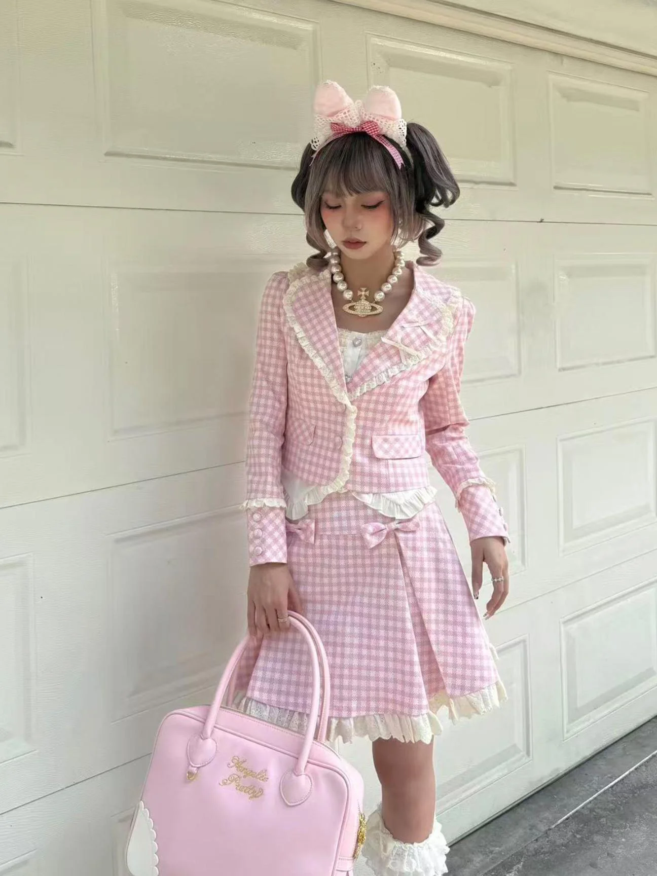 Sweet Dream Nana Pink Plaid Jacket Skirt Two Piece Set - Image 4