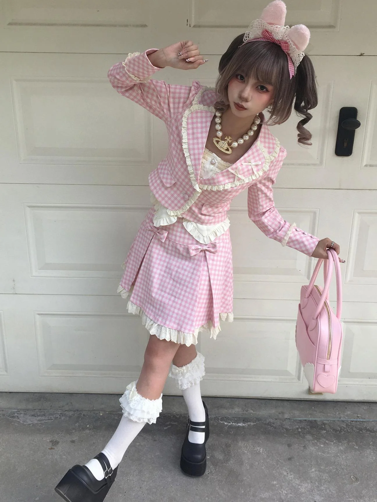Sweet Dream Nana Pink Plaid Jacket Skirt Two Piece Set - Image 5