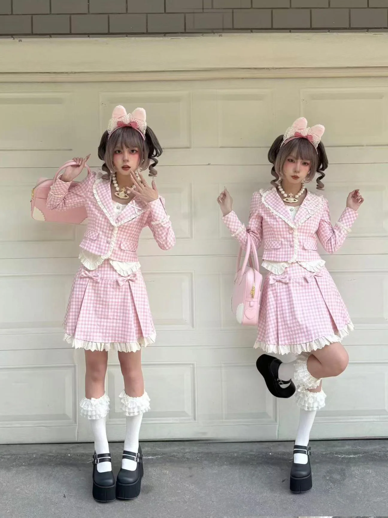 Sweet Dream Nana Pink Plaid Jacket Skirt Two Piece Set - Image 6