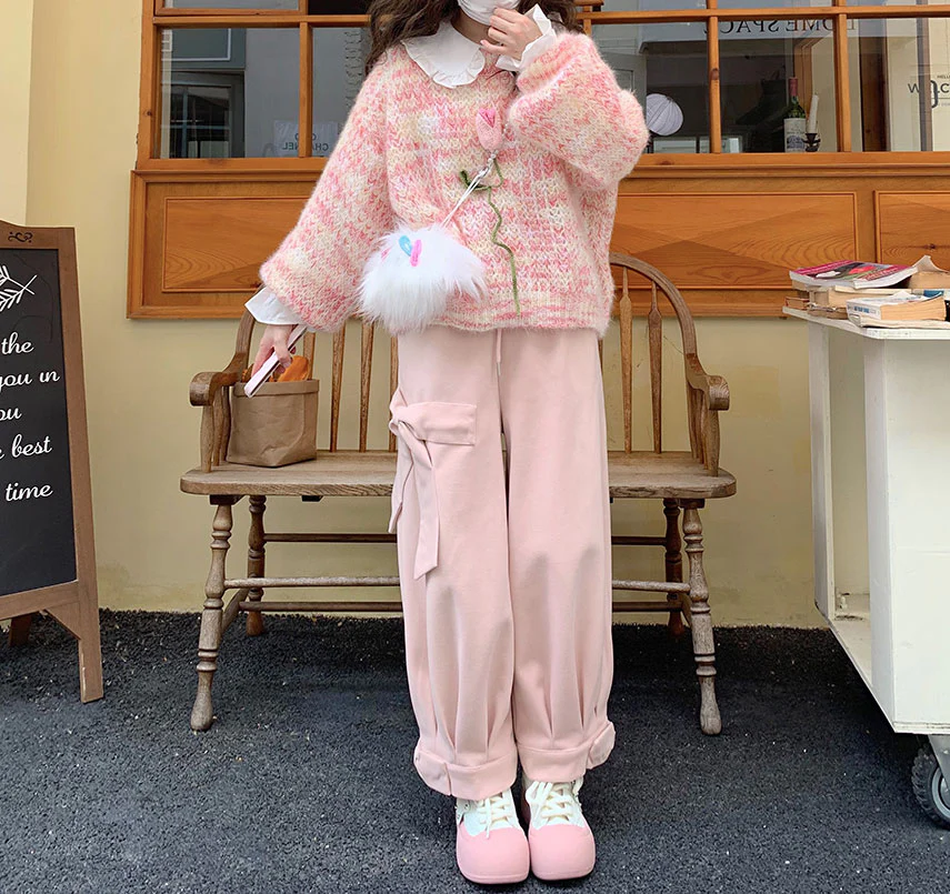 Sweet Fall Autumn Wool Pink White Three Bows Loose Pants - Image 3
