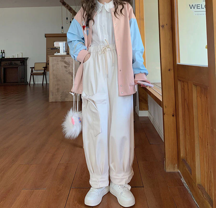 Sweet Fall Autumn Wool Pink White Three Bows Loose Pants - Image 4