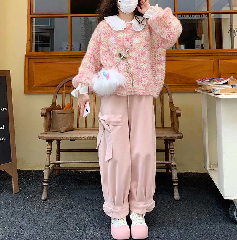 Sweet Fall Autumn Wool Pink White Three Bows Loose Pants - Image 5
