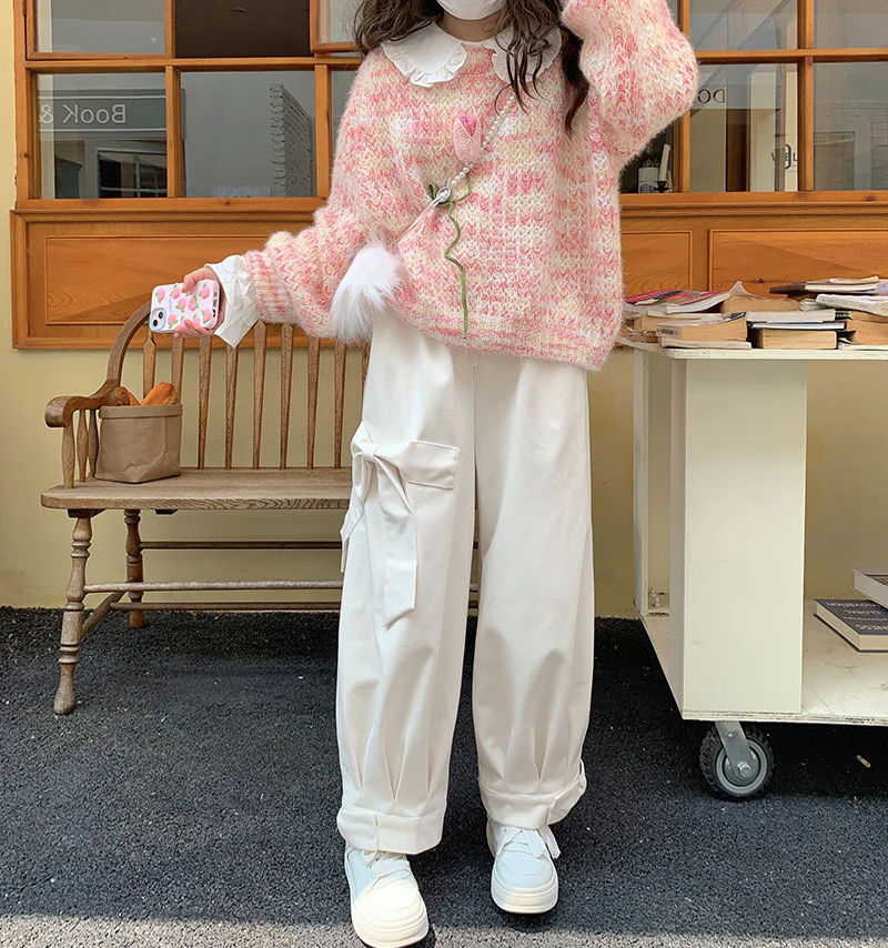Sweet Fall Autumn Wool Pink White Three Bows Loose Pants - Image 6