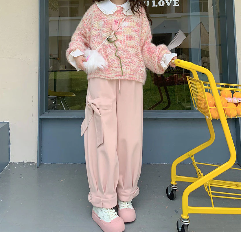 Sweet Fall Autumn Wool Pink White Three Bows Loose Pants - Image 8
